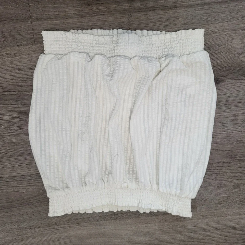 Anthropologie‎ White Seersucker Smocked Tube Top Strapless XS Cotton Summer Boho
